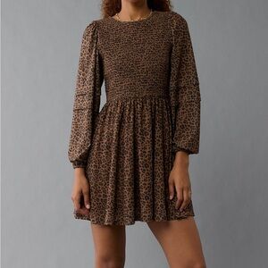 American Eagle Outfitters Brown Patterned Long Sleeve Dress